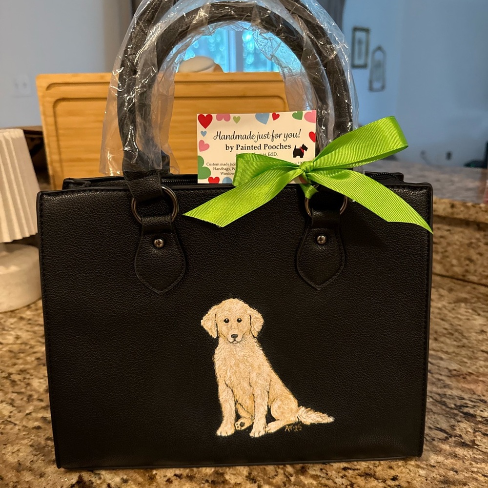 Black Leather Shoulder Bag with Dog Design